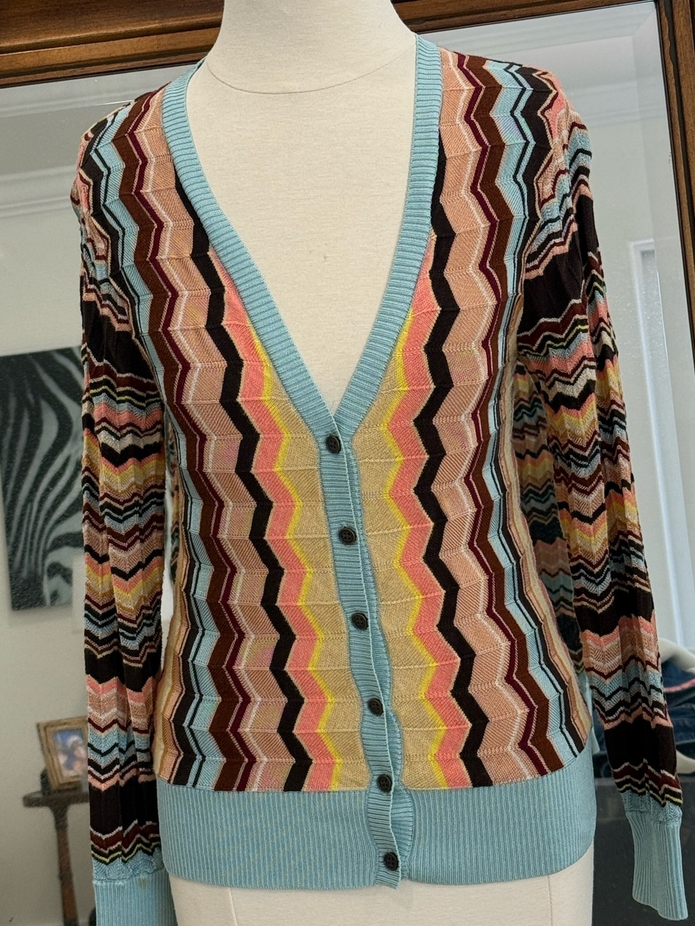 MISSONI for Target Zigzag V Neck Cardigan Sweater L Brown Blue